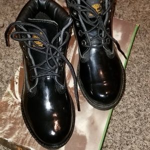 Black patent leather kid unisex timberlands